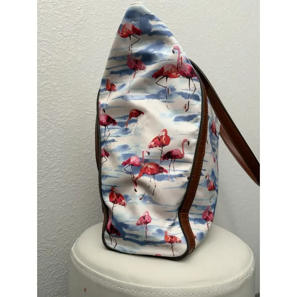 Tommy Bahama Flamingo Tote Bag Brown Faux Leather Straps Zip Top Beach Travel